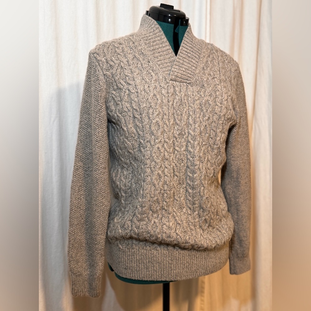 VTG Joseph Abboud Men's M Tan Grey Heather Wool Blend Fisherman Grandpa Sweater - Picture 9 of 14
